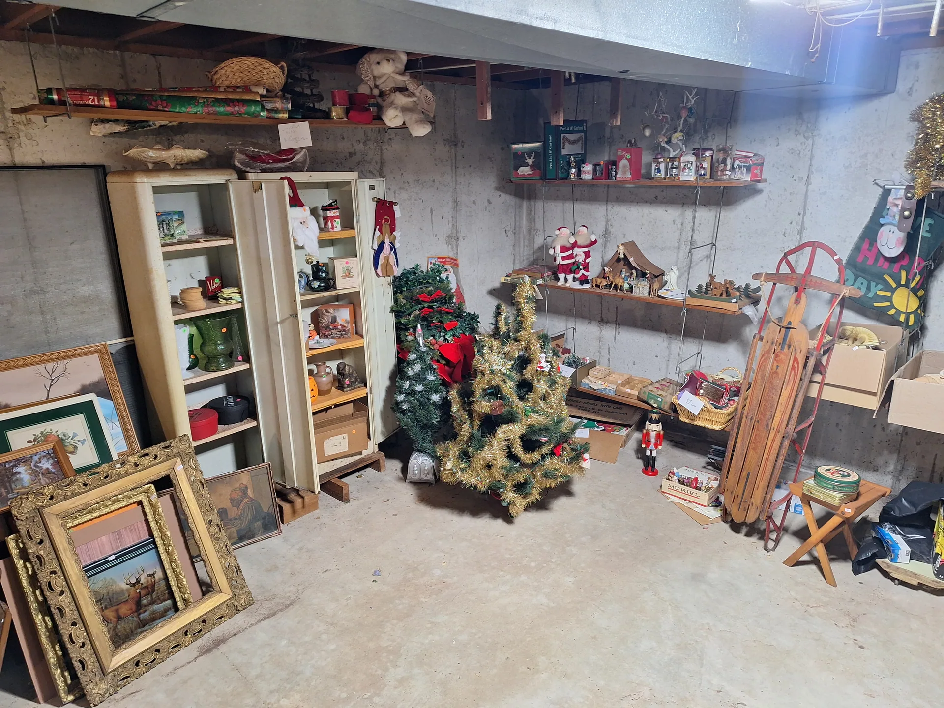 Gallery/basement christmas decor framed art sled at an estate sale st char