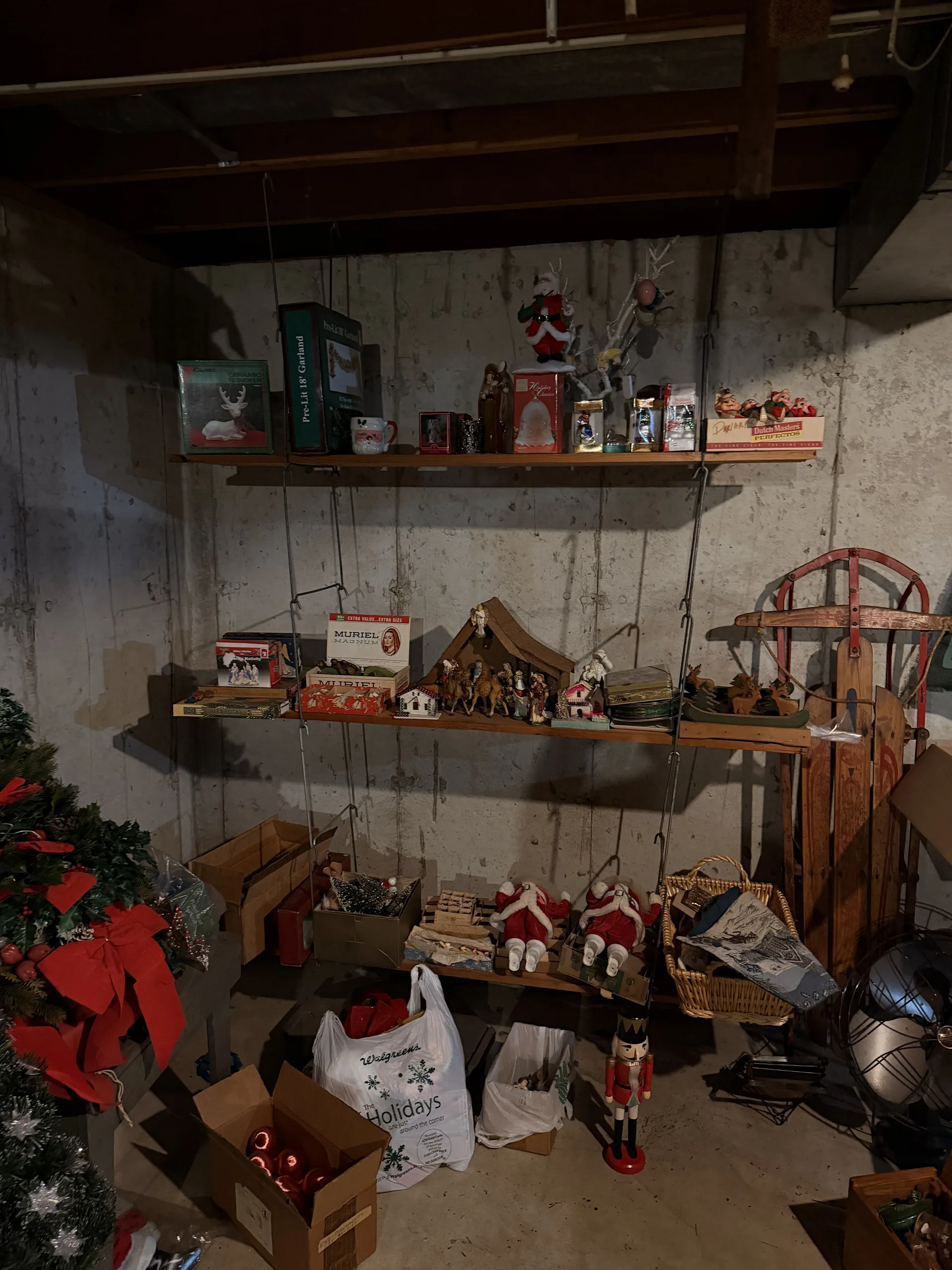 Gallery/basement shelves nativity set nutcracker santa dolls