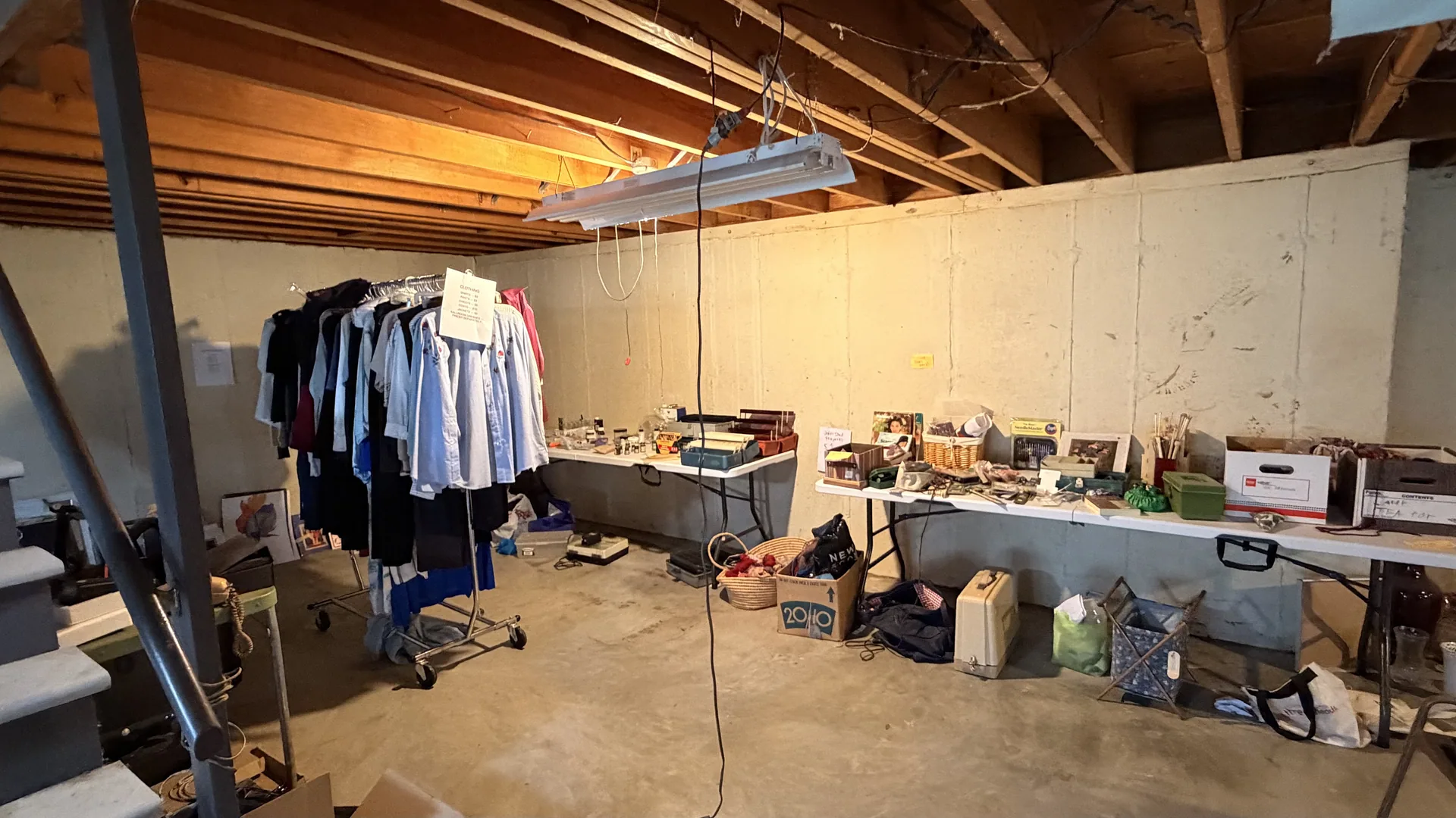 Gallery/unfinished basement rolling clothing rack long tables