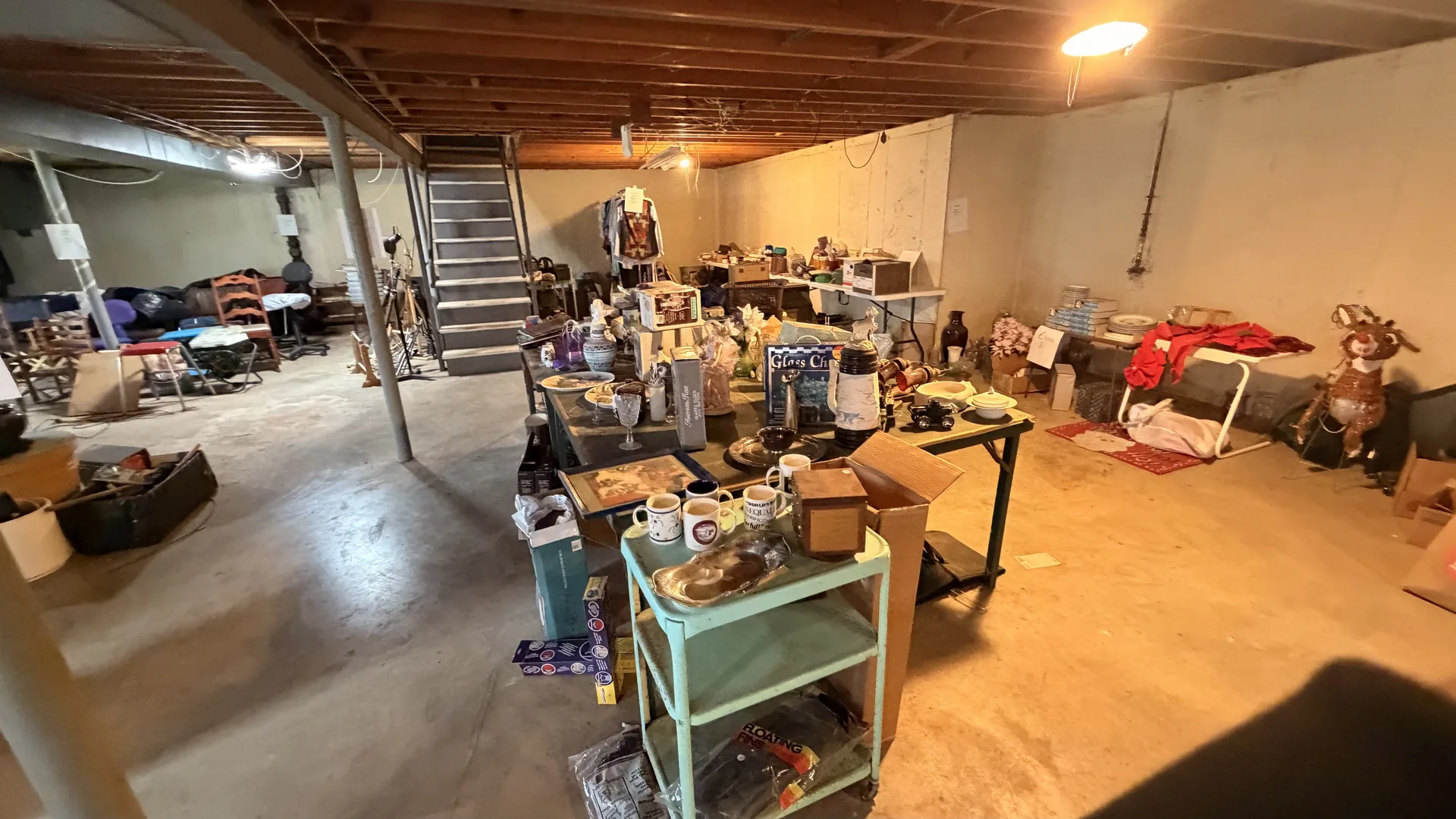 Gallery/unfinished basement wide view green metal cart mugs estate s